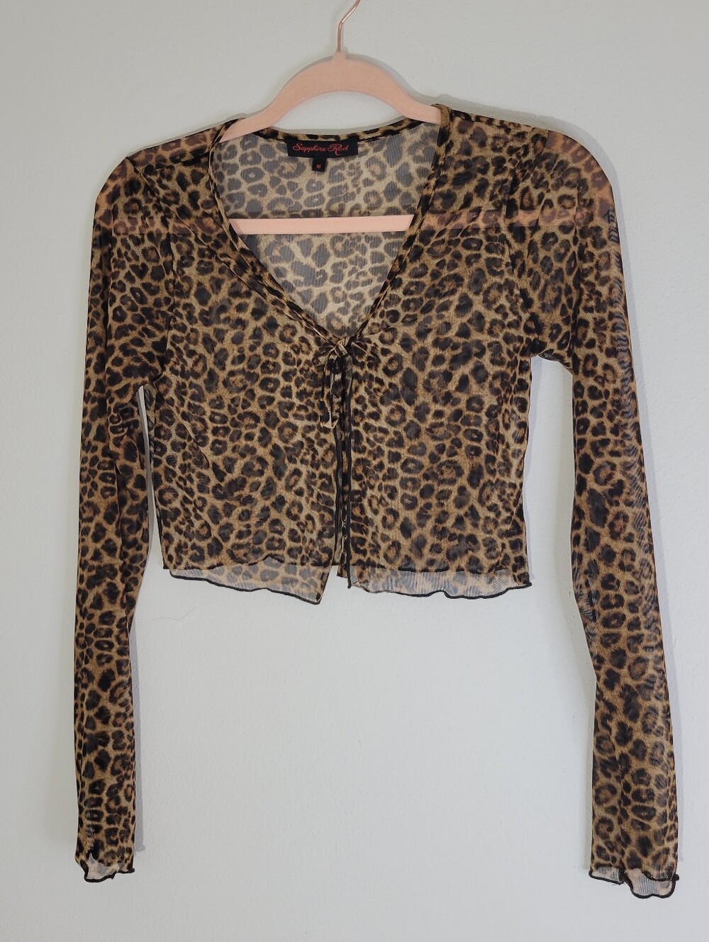 Sapphire Red Leopard Print Women Size M Long-Sleeve Tie-Front Crop Top